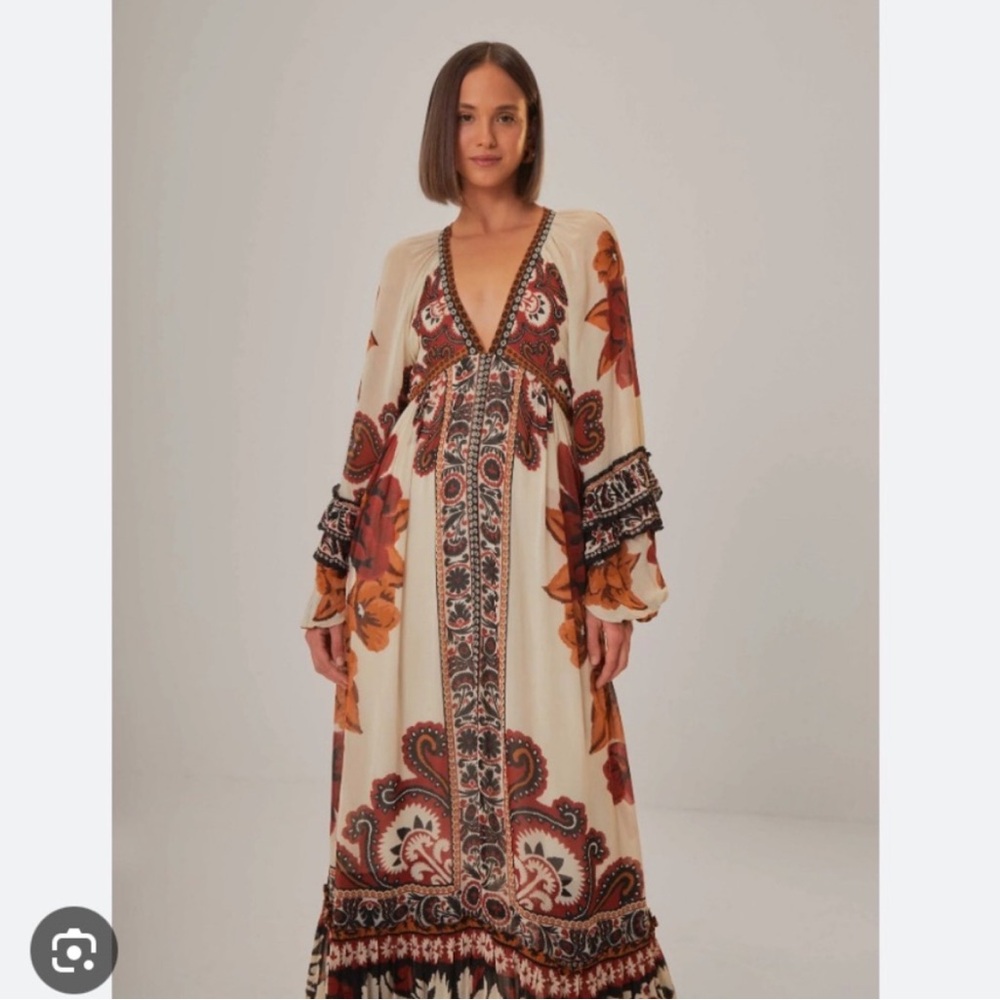 NWT Farm Rio sand winter tapestry long-sleeve v-neck maxi dress L